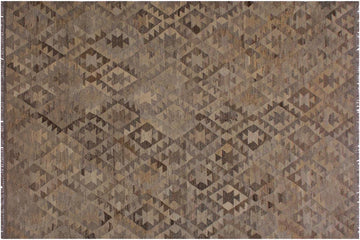 Flat Weave Kilim, Antique, Navaho, Vintage, Handmade, Geometric Kilim Tan Gray Hand-Woven Rectangle 100% Wool Area Rug 6 x 8